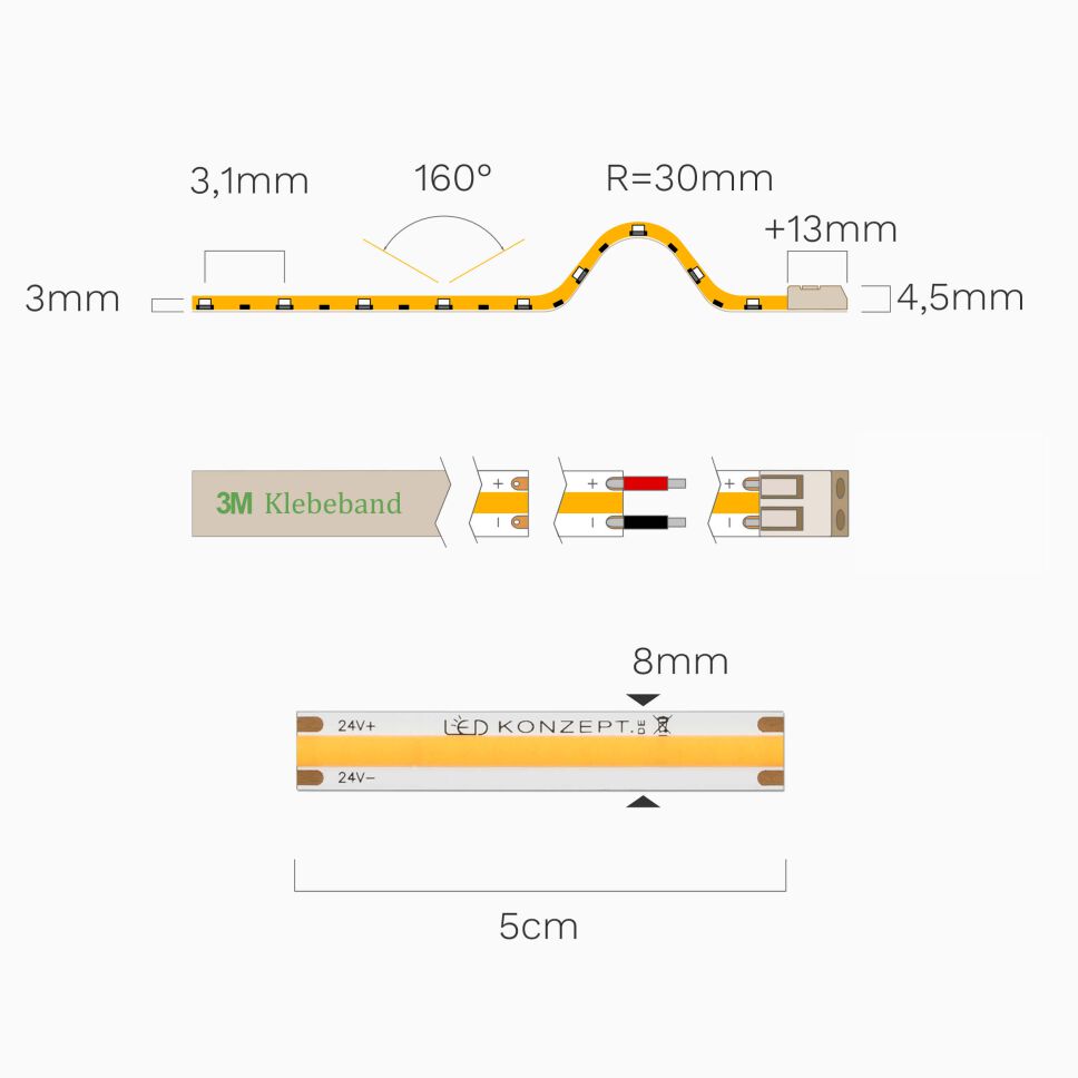 Technische Darstellung vom 2700K warmweißen COB LED Streifens. Draufsicht und Seitenansicht mit Bemaßung