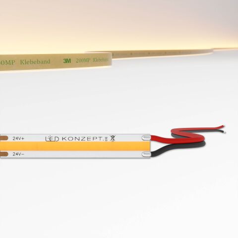Produktbild vom 2700K warmweißen COB LED Streifen mit farblich kodiertem Litzenanschluss.