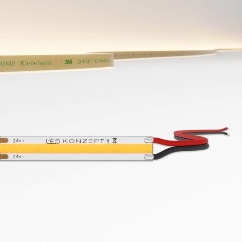 Produktbild vom 3000K warmweißen COB LED Streifen mit farbliche kodiertem Litzenanschluss für LED Streifen.