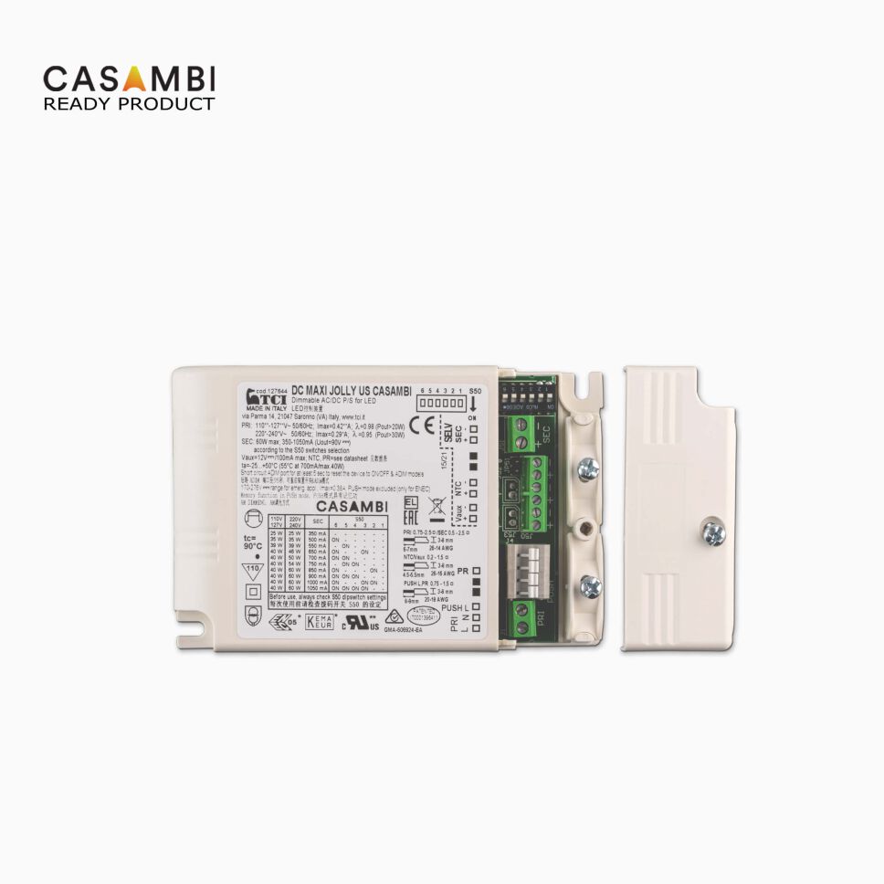 Draufsicht auf das geöffnete Gehäuse des TCI Maxi Jolly CC Netzteils mit integriertem CASAMBI Modul
