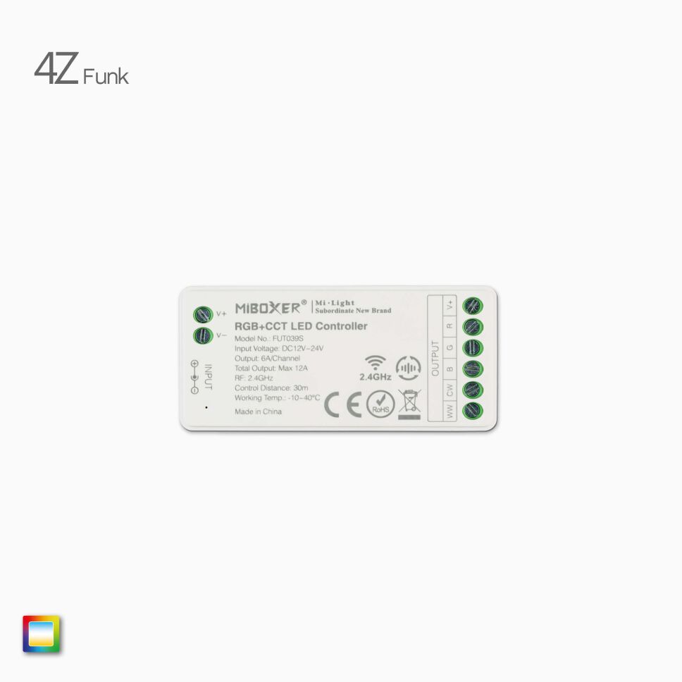 4Z Funk Controller RGB+CCT zum Betrieb von RGBCCT LED Streifen. Die Frontseite der Abbildung zeigt die Stromanschlusseite. Anschluss über DC-Buchse oder Schraubklemmen