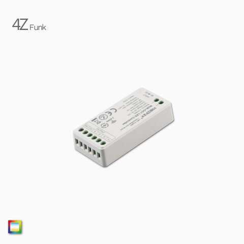RGB+CCT LED Funk Controller mit sechs Schraubklemmen zum Anschluss von RGBCCT LED Streifen. Controller ist kompakt mit weißem Gehäuse