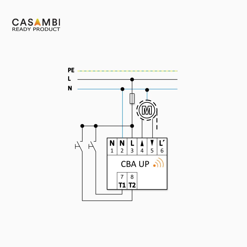 CASABI CBA UP Jalousie-Steuerung, Schaltplan vom Anschluss des Jalousieaktors mit Taster und Jalousiemotor
