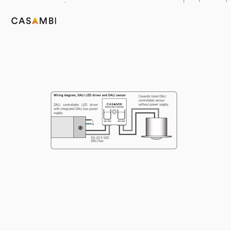 Schaltplan zur Versorgung des CASAMBI CBU-DCS DALI-Gateway. Stromversorgung via DALI Steuerleitung