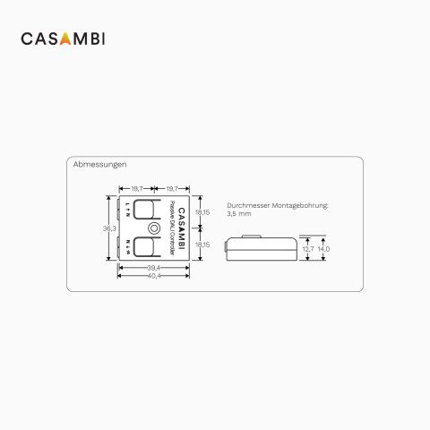 technische Zeichnung vom CASAMBI CBU-DCS in weiß. Zeichnung ist bemaßt und vor grauen Hintergrund freigestellt.