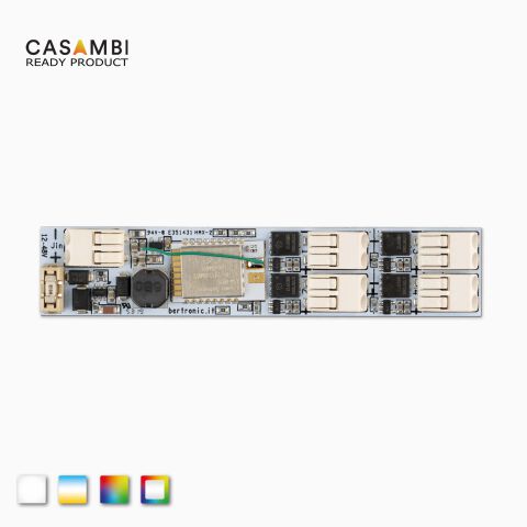 Draufsicht auf den CASAMBI 4-Kanal PWM-Dimmer mit Klemmsystem. Freigestelltes Produktbild auf grauen Hintergrund.