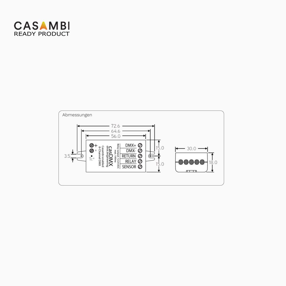 technische Zeichnung vom CASAMBI CBU-CASDMX im weißen Kunststoffgehäuse mit Bemaßung