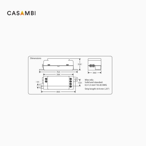 Technische Zeichnung vom CASAMBI CBU-A2D. Technische Zeichnung ist bemaßt, freigestellt vor grauen Hintergrund