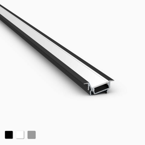 Produktbild vom LED Alu Profil FQ zur Ausbeleuchtung von Regalen. Scharzer Profil mit weißer Abdeckung, freigestellt vor grauen Hintergrund