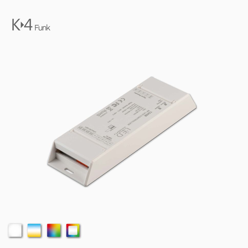 Funk K4 controller für mehrfarbige LED Streifen, freigestellt vor grauen Hintergrund