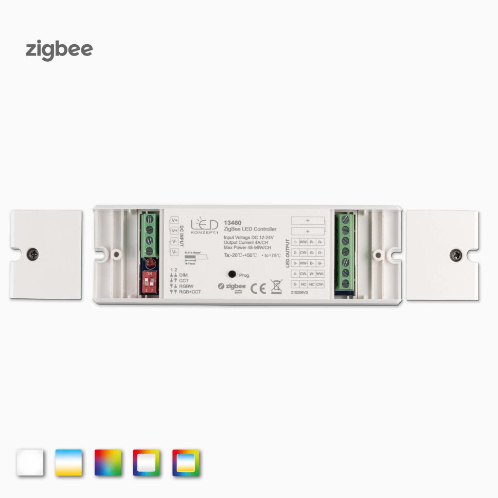 Draufsicht auf den offenen ZIGBEE RGBW, RGB+CCT, CCT, RGB LED Funk Empfänger, Schraubklemmen zum Anschluss sind aufgedeckt