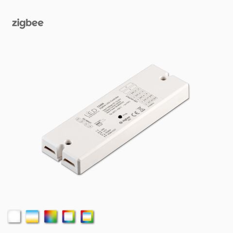 ZIGBEE RGBCCT, RGBW, RGB, CCT LED Funk Controller in grauen Kunststoff-Gehäuse, Artikelbild vor grauen Hintergrund
