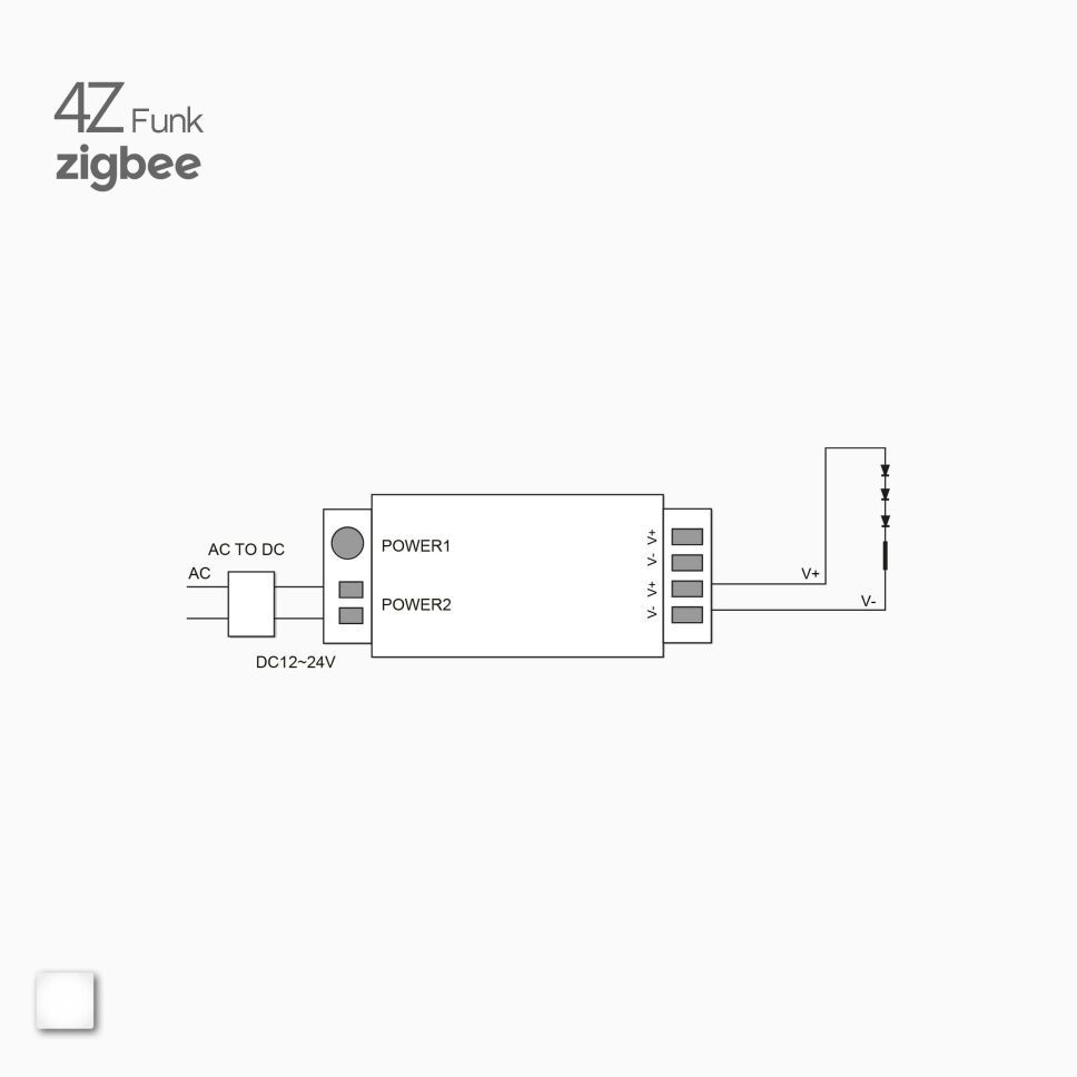 Illustration vom Anschluss von einfarbigen LED Streifen am ZIGBEE 3.0 + 4Z LED Funk Dimmer Pro
