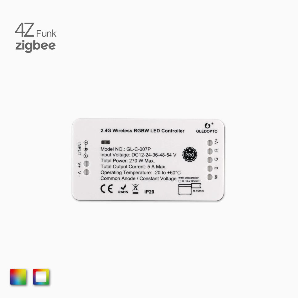 ZIGBEE RGBW-RGB LED Funk Controller für RGBW und RGB LED Streifen mit 12V - 24V DC