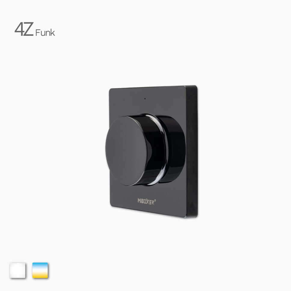 4Z Wandsteuerung für eine Zone in schwarz, Drehdimmer in Kavaliersperspektive, freigestellt vor grauen Hintergrund