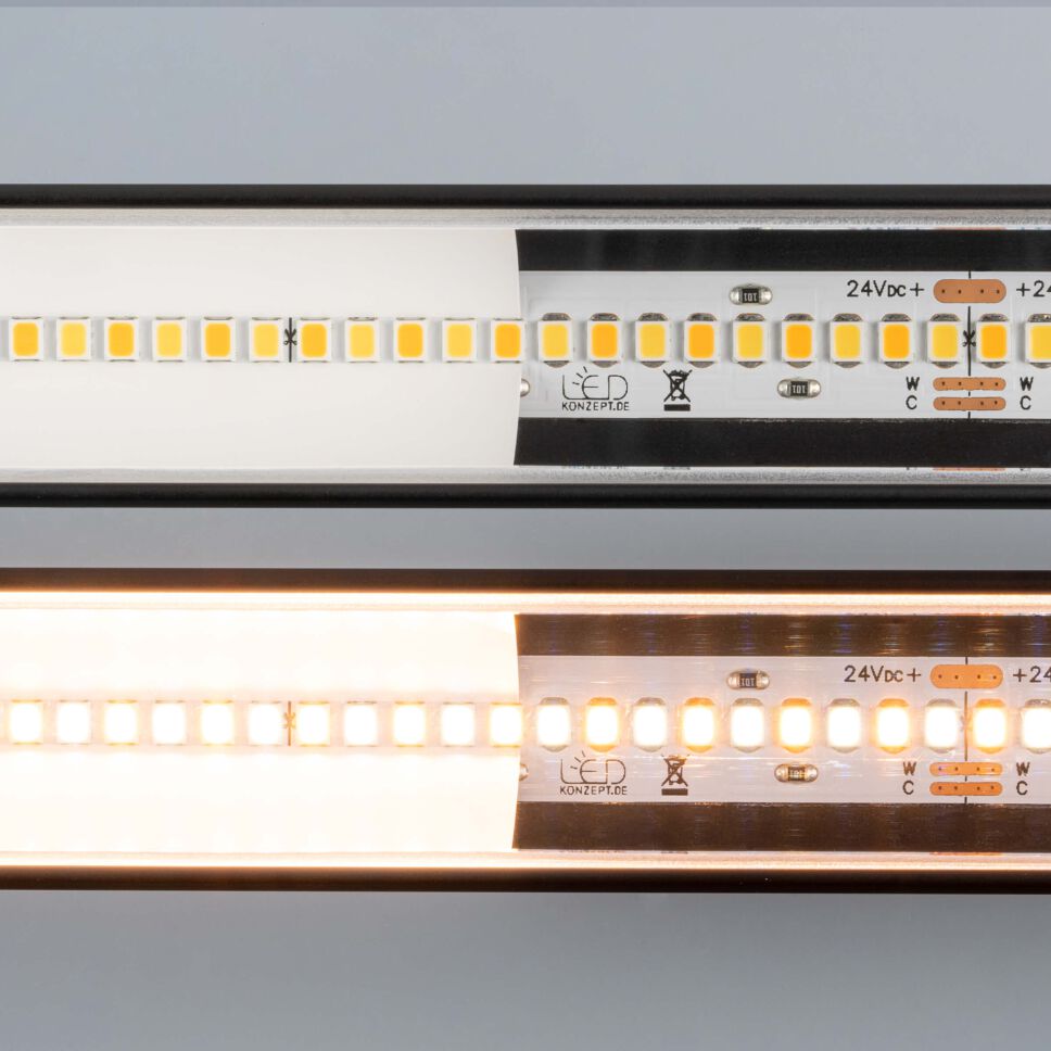CCT LED Streifen im LED Alu Profil BASIC schwarz mit klarer Abdeckung und Reflektor in der Draufsicht, abgedeckt mit der HS22 klarer Abdeckung