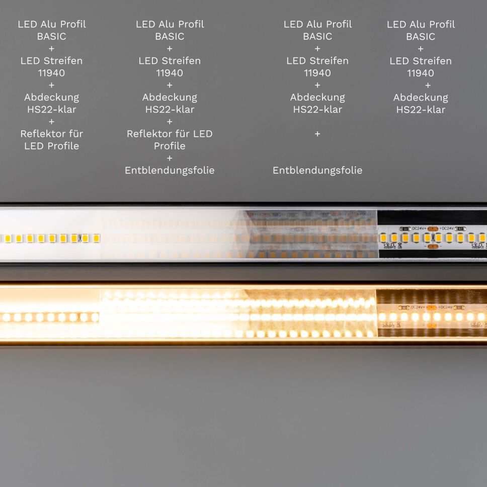 Draufsicht mit Direktvergleich der Kombination von LED Streifen, HS22 klarer Abdeckung, Entblendungsfolie und Reflektor in diversen Konstellationen