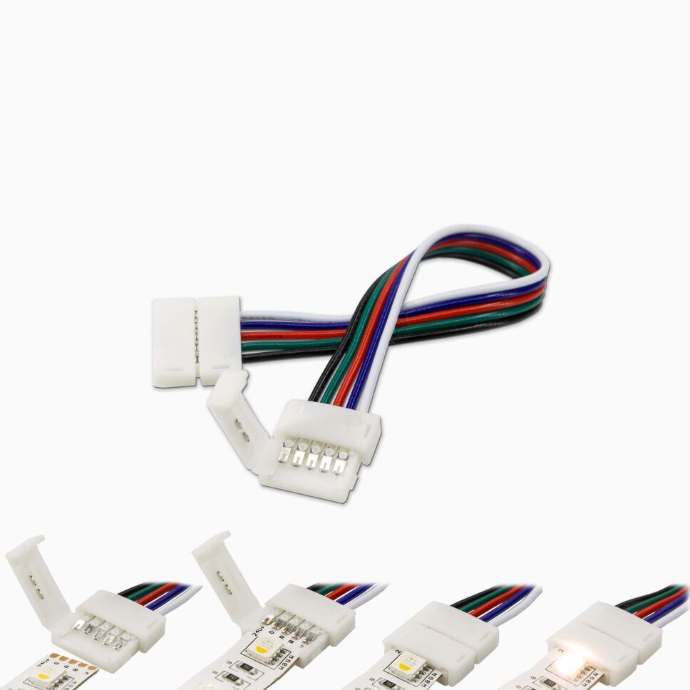Schnellverbinder für RGBW LED Streifen mit 10mm Breite, Litzen sind farblich kodiert, unten im Bild ist eine Erläuterung zur Verwendung