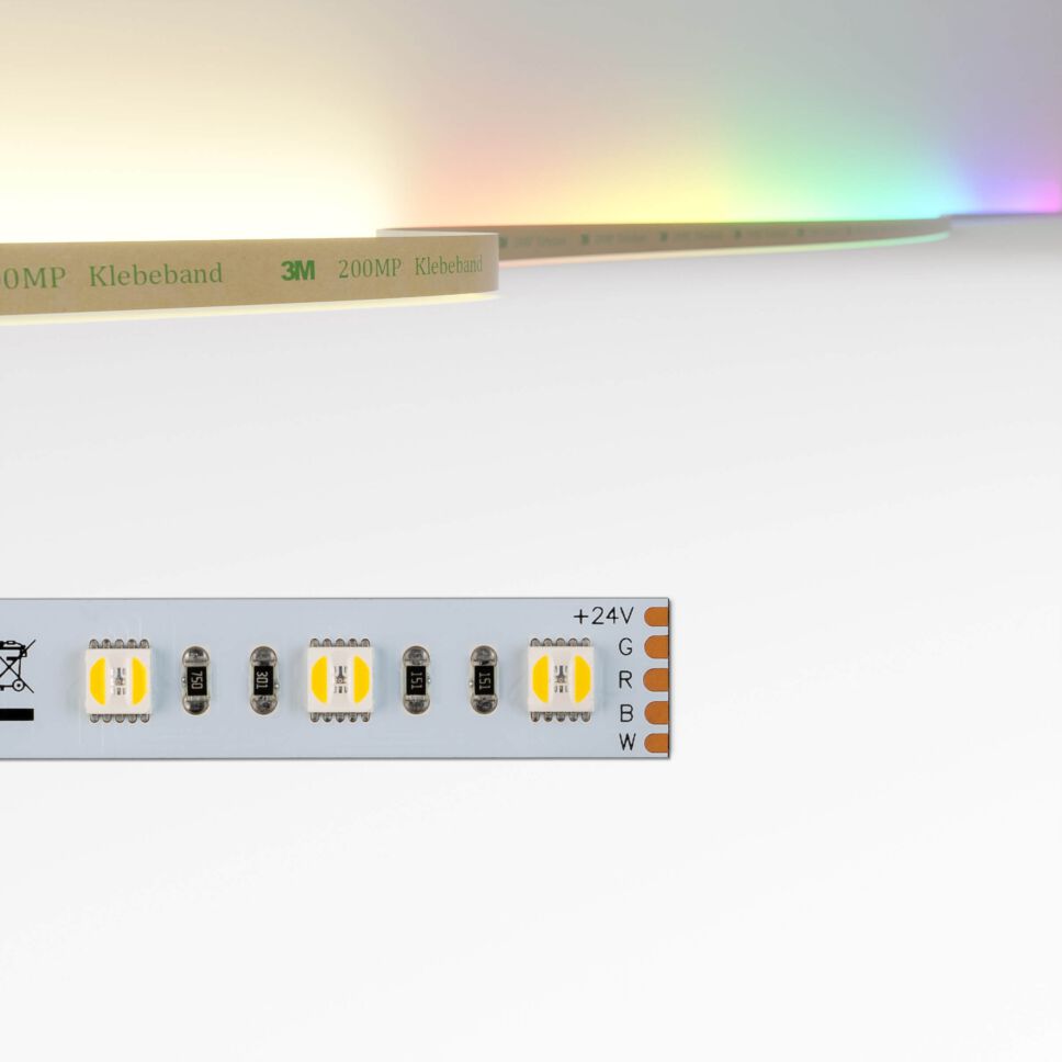 RGB2W LED Streifen mit zwei Einheiten 3000K warmweiß und farbiger RGB LED in einer SMD LED verbaut, oben sind die möglichen einzustellenden Lichtfarben dargestellt