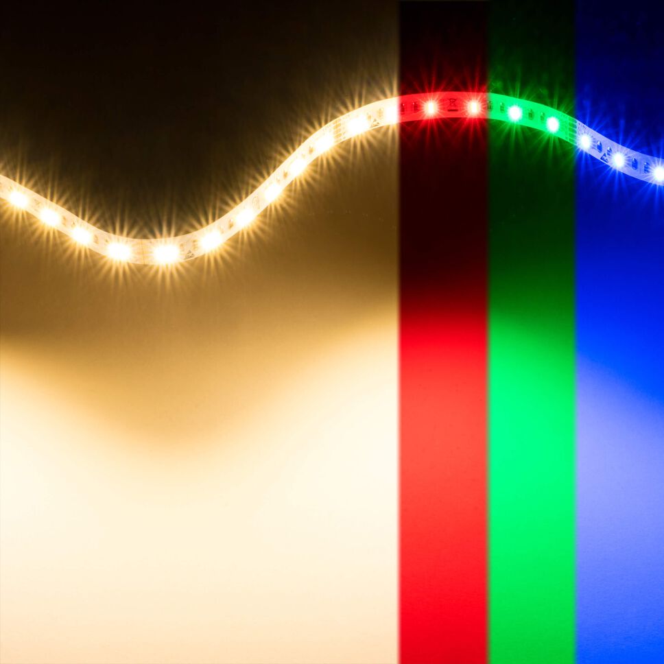 Zusammengesetztes Bild der einzelnen Kanäle des RGB2W LED Streifens leuchtend, links warmweiß in 3000K, rechts RGB