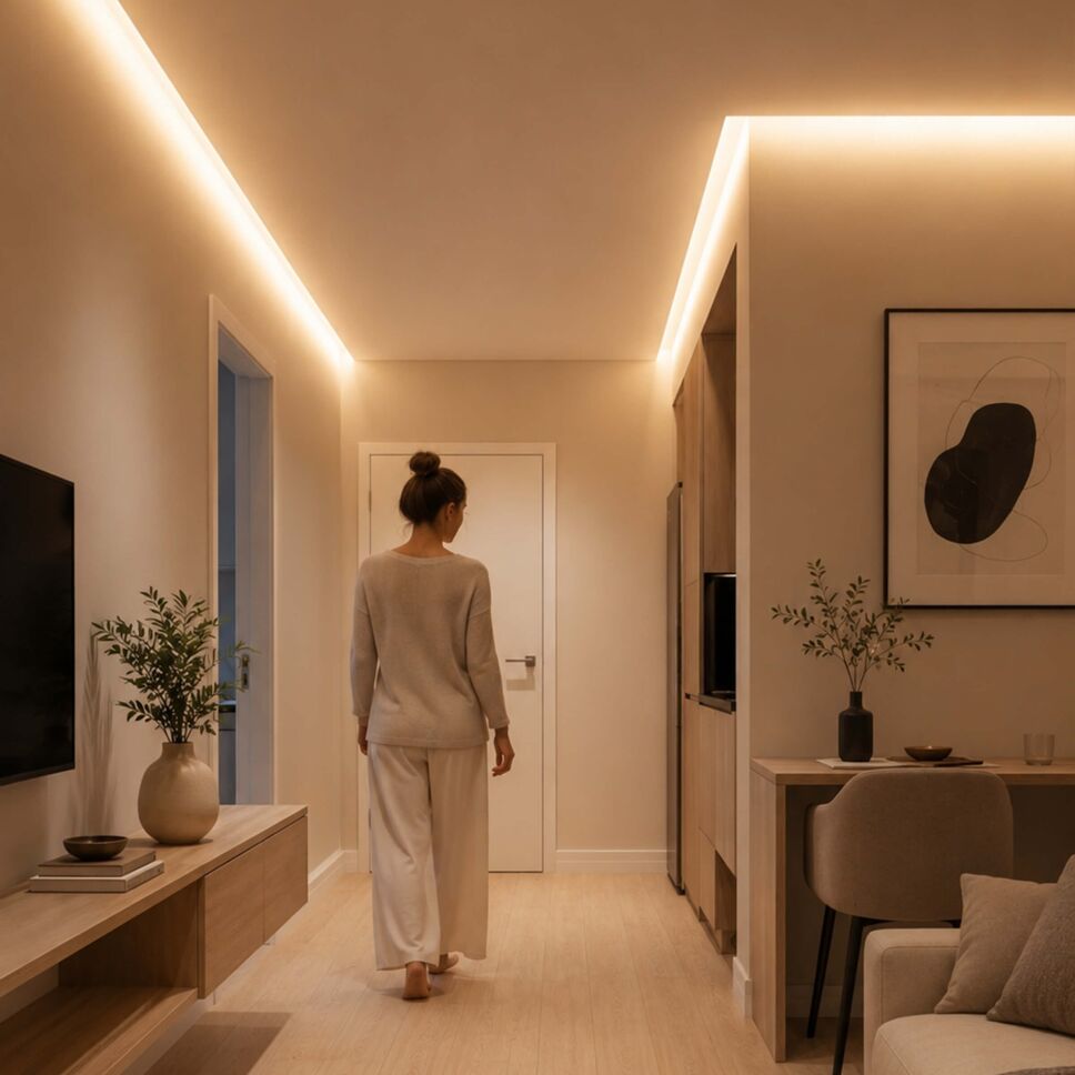 Anwendungsbeispiel vom LED Alu Profil GKP LVA in einer Wohnung mit warmwei�en Licht