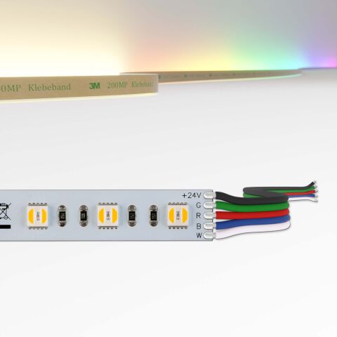 RGB2W LED Streifen mit zwei Einheiten 2700K warmweiß und farbiger RGB LED in einer SMD LED verbaut. Oben werden die möglichen Lichtfarben dargestellt