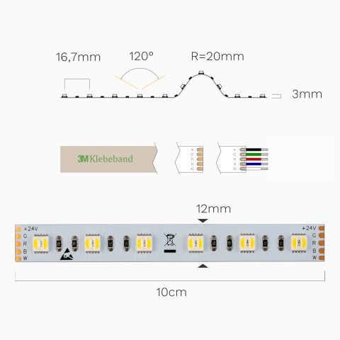 Draufsicht auf den RGB2W LED Streifen neutralweiß. Technische Abbildung ist bemaßt