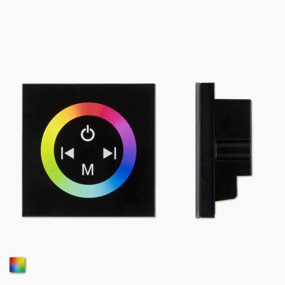 schräge Ansicht vom RGB LED Wand-Controller mit Glasfront