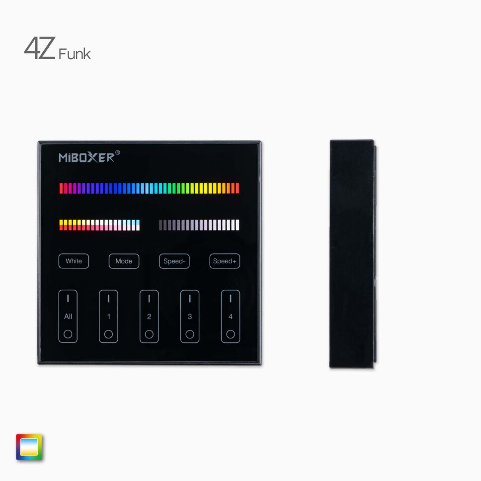 Front und Seitenansicht der 4Z RGB+CCTLED Funk Wandsteuerung der schwarzen Version