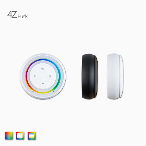 Frontalsicht auf die runde 4Z RGB+CCT LED Funksteuerung für mehrfarbige LED Streifen, verfügbar in weiß und schwarz