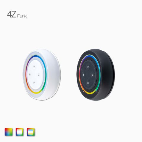 4Z RGB+CCT LED Wandsteuerung in runder Form mit Softtouch Elementen und 4 Tasten auf der Frontseite in Kavaliersperspektive