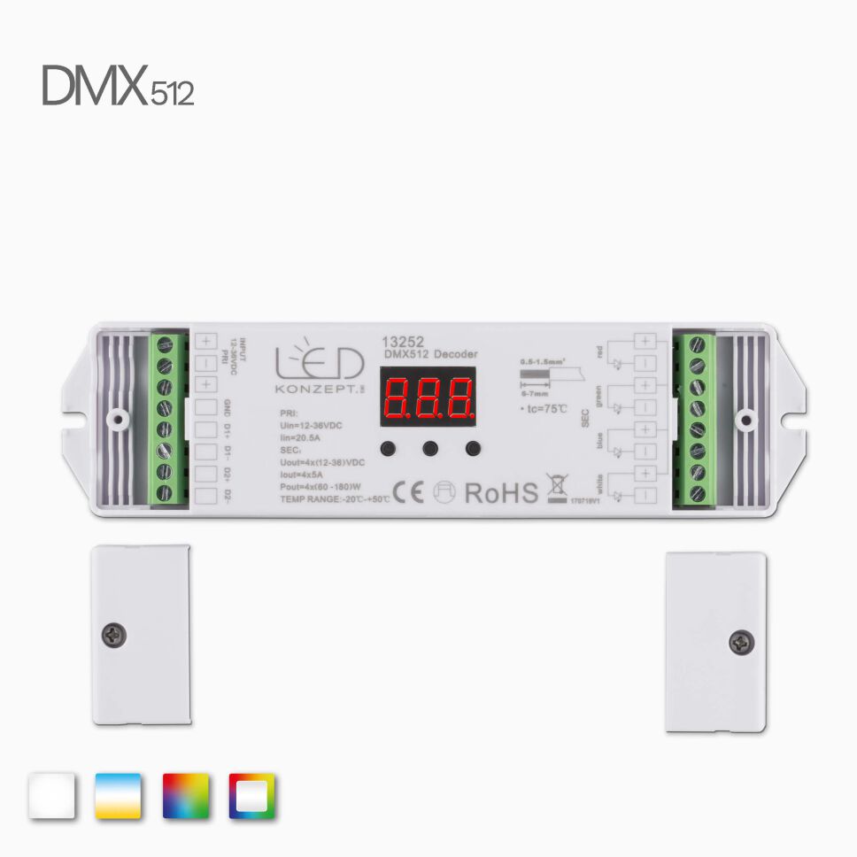 Draufsicht vom weißen RGBW LED DMX512 Dekoder mit offener Abdeckung mit Schraubklemmen