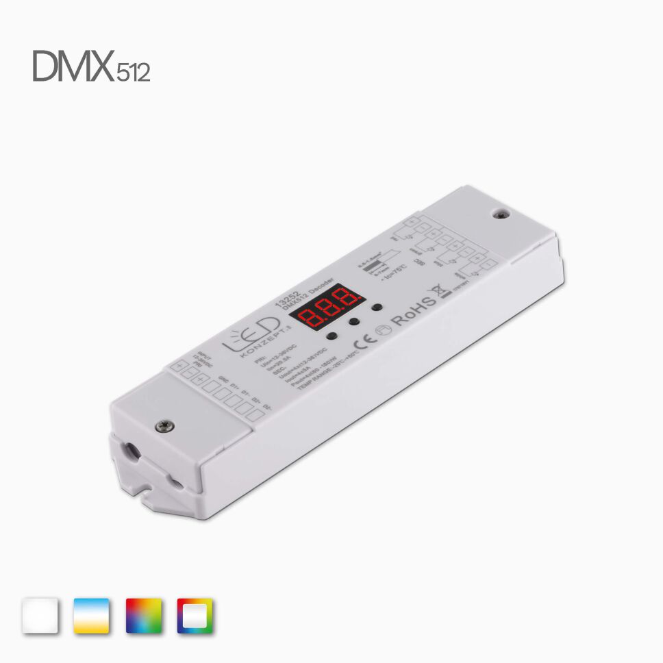 Kavaliersansicht vom DMX LED RGBW Dekoder mit 7 Segment-Anzeige