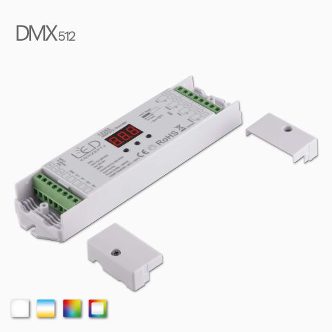 Kavaliersansicht vom DMX LED RGBW Dekoder mit geöffneter Abdeckung der Schraubklemmen
