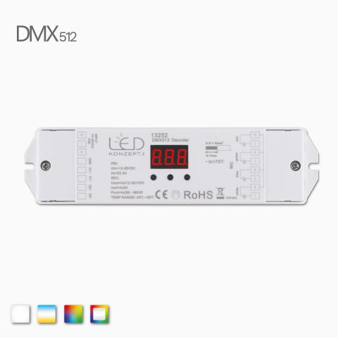 Draufsicht vom weißen RGBW LED DMX512 Dekoder mit 7 Segment Anzeige