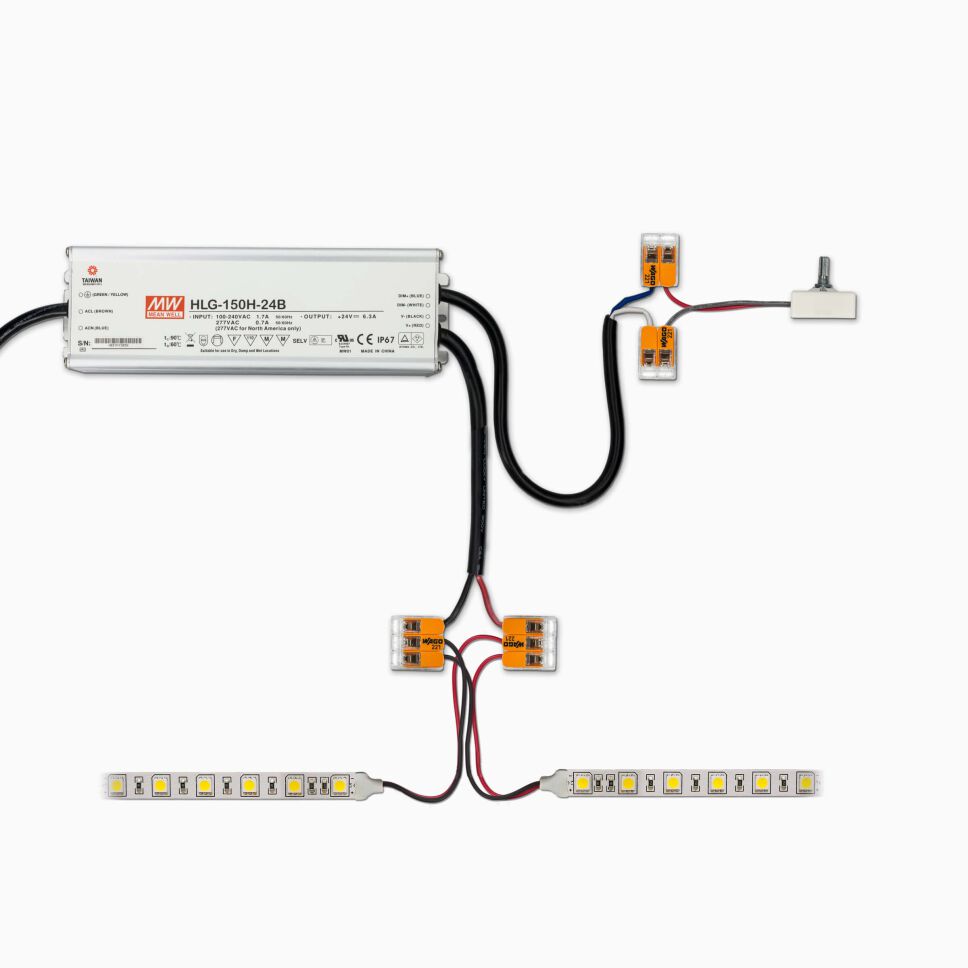 Anwendungsbeispiel für WAGO Klemme mit LED Streifen und LED Netzteil mit 1-10V Poti