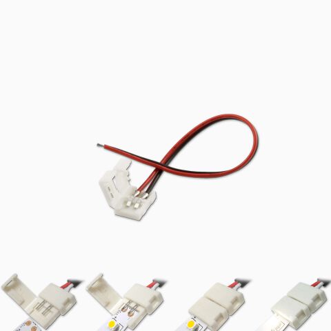 Schnellverbinder für LED Streifen mit 8mm Breite, an einem Ende offene Litzen, am anderen Ende mit Schnellverbinder, unten ist eine Anleitung für Montage