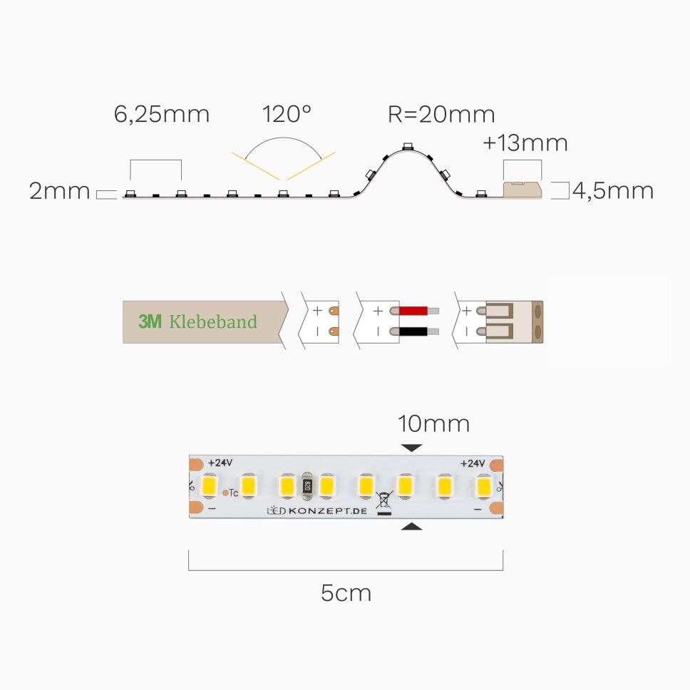 Technische Darstellung vom LED Streifen mit neutralweißen LEDs. Bild zeigt Draufsicht und Seitenansicht mit Bemaßung