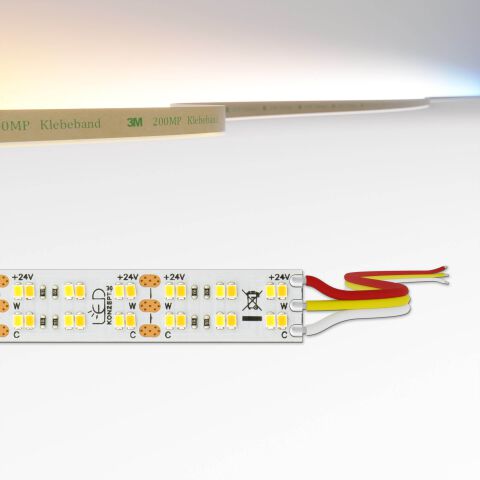 extrem dicht bestückter CCT LED Streifen, mit warmweißen und kaltweißen LEDs, oben ist die variable Lichtfarbe des CCT Streifens dargestellt.