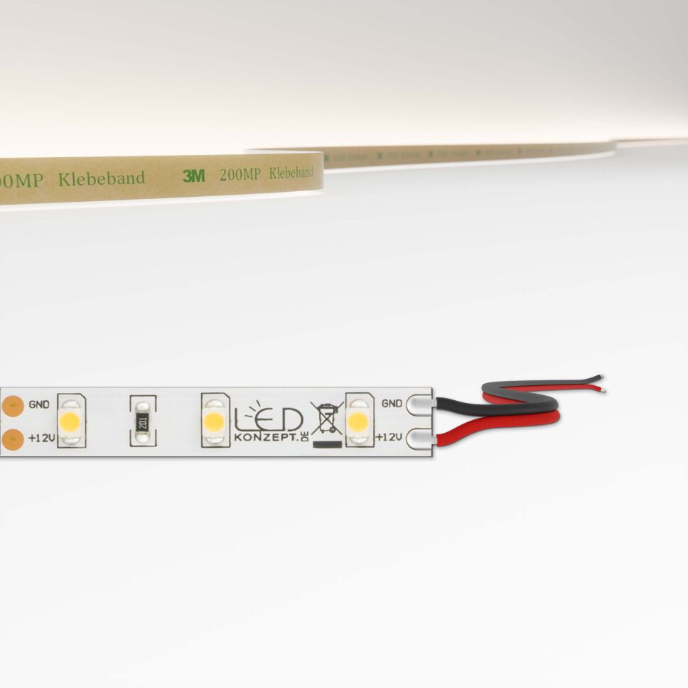 Draufsicht LED Streifen 12V mit 8mm Breite, oberer Teil vom Bild zeigt technische Zeichnung mit Bemaßung und Anschlussarten