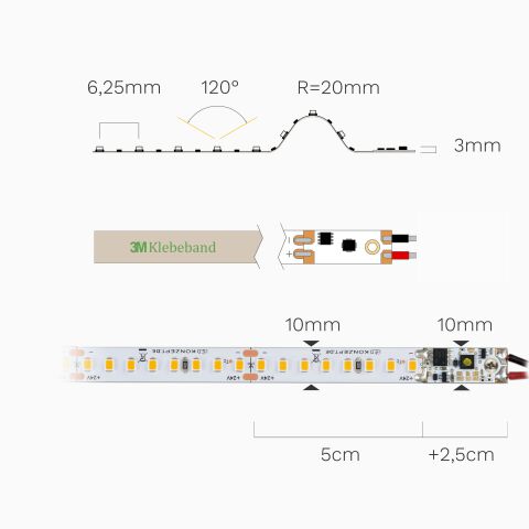 Technische Darstellung vom LED Streifen mit 2700K warmweiß mit Dimmer. Bild zeigt Draufsicht und Seitenansicht mit Bemaßung