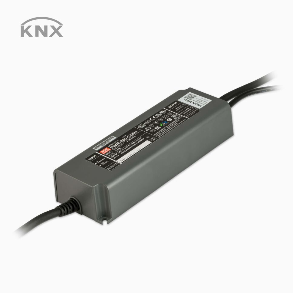 dunkelgraues LED Netzteil PWM-200-KNX mit Steuerleitung von MeanWell in Kunststoffgehäuse