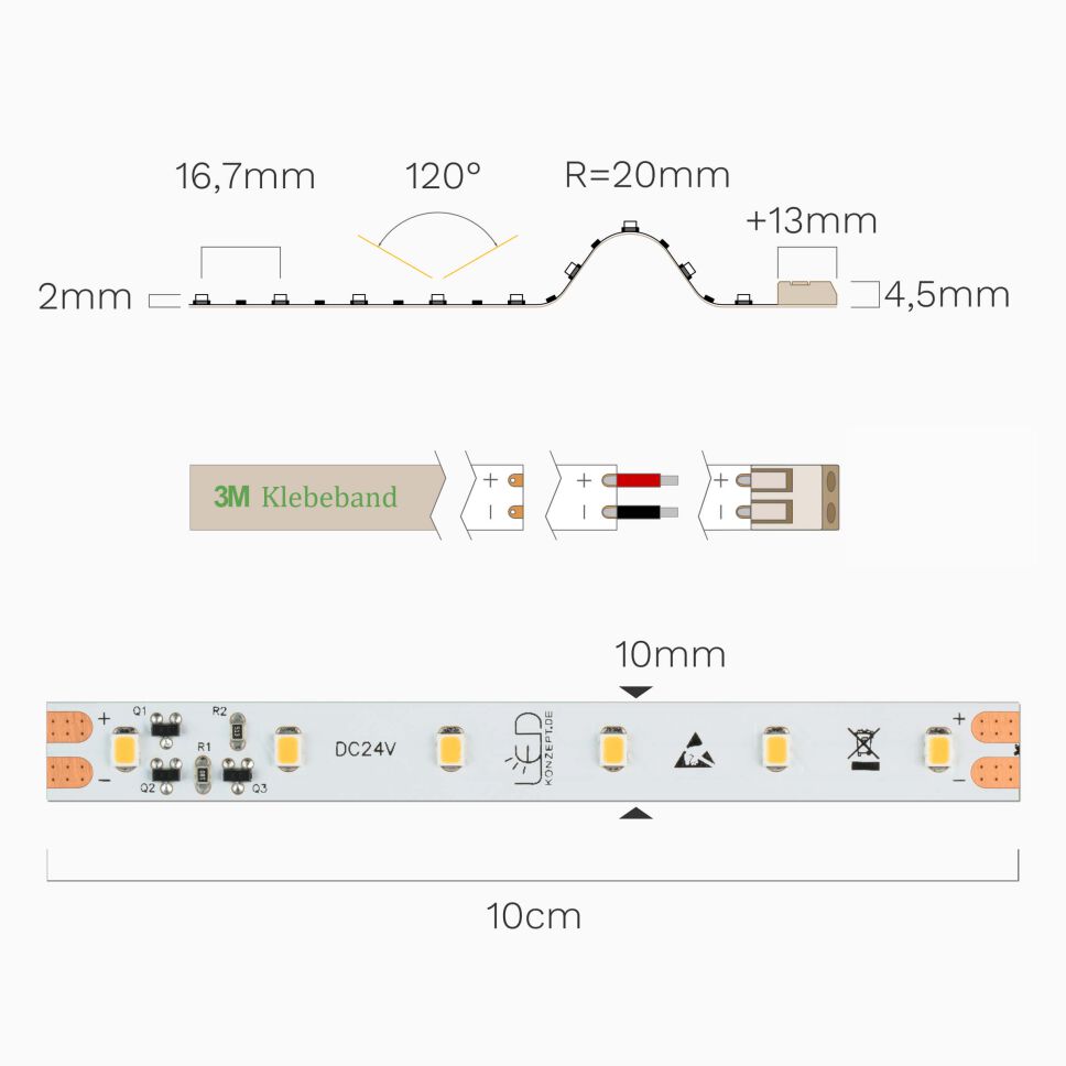 technische Abbildung des LED Streifens inkl. aller wichtigen Maße