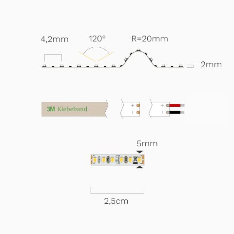 Technisches Bild des 4mm breiten LED Streifens mit warmweiß 2700K, Zeichnung ist bemaßt