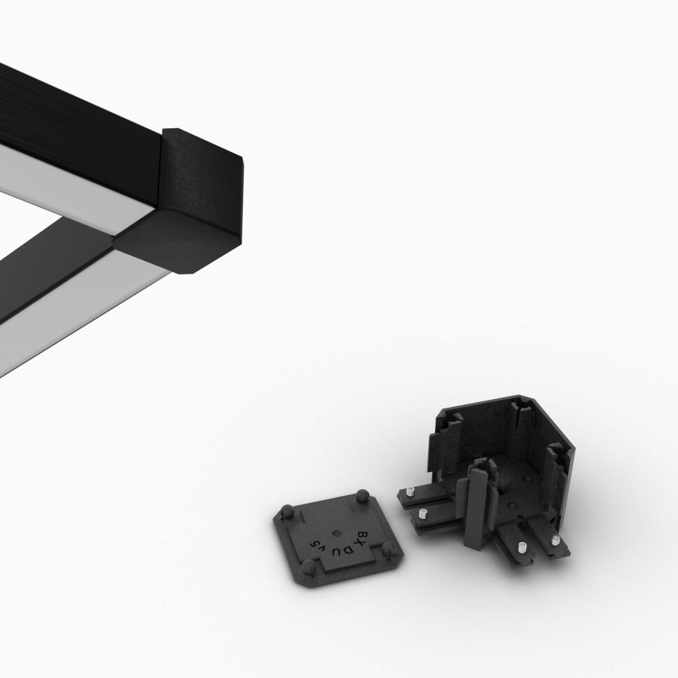 Produktbild vom BASIC BX2 90 Eckverbinder zum Gestalten von 90 Grad Ecken am LED Alu Profil BASIC in schwarz, oben Anwendungsbeispiel und unten eigentliches Produktbild