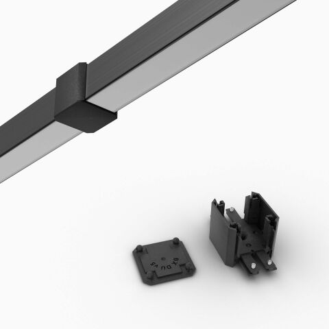 180 Grad Verbinder der BX Serie zum Abhängen und Montieren vom LED Alu Profil BASIC in schwarz, oben Anwendungsbeispiel unten Produktbild