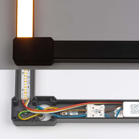 Vergleich, BE2 90 Eckverbinder mit verbautem LED Netzteil und mit Erdung
