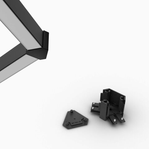 Eckverbinder 90 Grad der BY-Serie, der BY2 zur Gestaltung von Ecken, Produktbild unten rechts, Anwendungsbeispiel oben im Bild