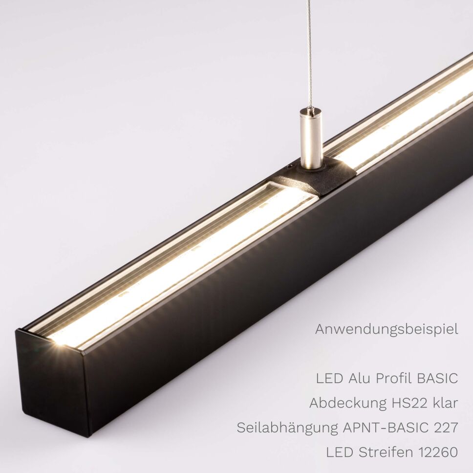 Anwendungsbeispeil vom LED Alu Profil BASIC mit Seilabhängung APNT-BASIC 227 und HS22 klarer Abdeckung