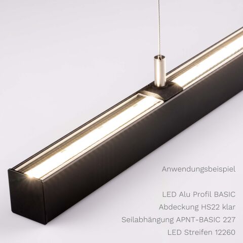 Anwendungsbeispeil vom LED Alu Profil BASIC mit Seilabhängung APNT-BASIC 227 und HS22 klarer Abdeckung